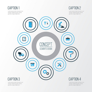建筑色彩鲜艳的图标集。表壳 齿轮 吊钩和其他元素的集合。此外包括符号，例如水泥，混凝土，解除