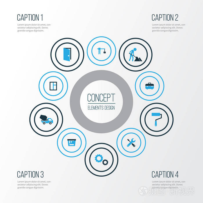 建筑色彩鲜艳的图标集。表壳 齿轮 吊钩和其他元素的集合。此外包括符号，例如水泥，混凝土，解除