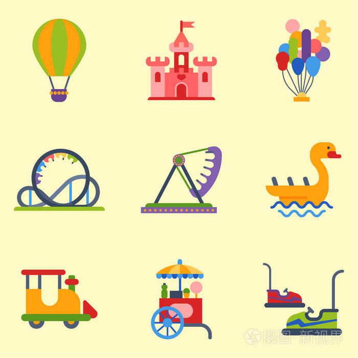 旋转木马游乐园吸引力侧面展示孩子们户外娱乐建筑矢量