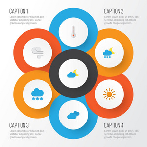 空气平面图标集。雪，新月，太阳和其他元素的集合。此外包括符号如新月，阳光明媚，温度