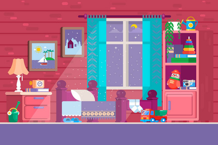 男孩或女孩的生活元素, 玩具, 床上, 书籍, 桌子, 书架卡通儿童卧室的
