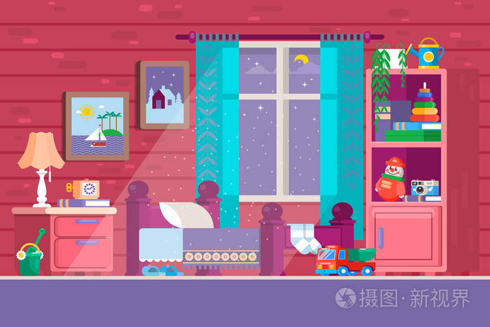 男孩或女孩的生活元素, 玩具, 床上, 书籍, 桌子, 书架卡通儿童卧室的