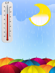 太阳雨的伞和温度计的背景