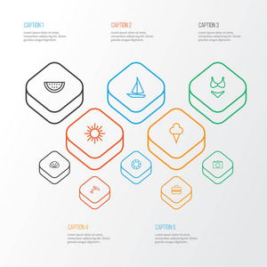 夏季大纲图标设置。海螺，手袋，甜瓜元素的集合。此外包括冰 外壳 手提箱等符号