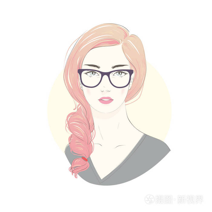 长长的头发,戴着眼镜的年轻美丽时髦女人的画像.漫画的风格时尚插画