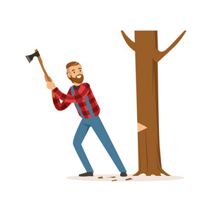 伐木人在红色格仔的恤衫切割树中带有斧头的丰富多彩的人物矢量图照片