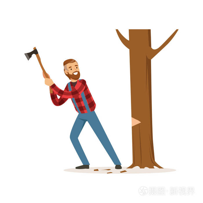 伐木人在红色格仔的恤衫切割树中带有斧头的丰富多彩的人物矢量图