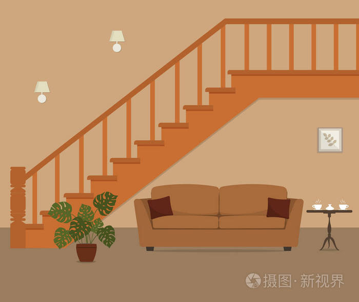 棕色的沙发枕头位于下楼梯