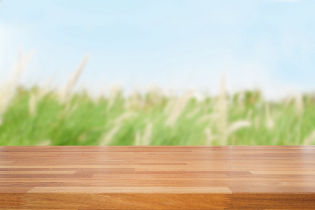 空的木桌和绿色自然背景