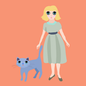 一个女孩和一只猫在橙色背景