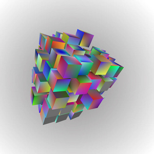 基本几何形状的三维图。彩虹光背景上的多维数据集的数组