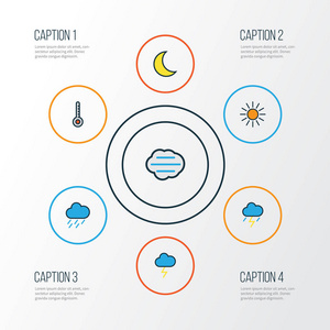 天气多彩大纲图标设置。大暴雨，朦朦胧胧 雷击和其他元素的集合。此外包括符号如阳光 雷击 新月