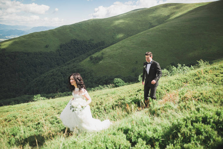 美丽的新婚夫妇，新娘和新郎，在爱情上的山脉背景