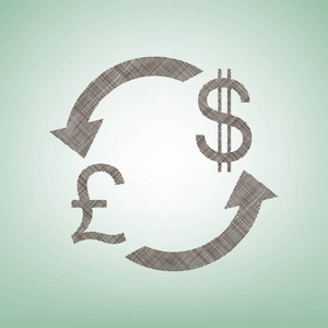 货币汇率的标志。英国 磅和我们美元。矢量。与光斑中心的绿色背景上的褐色亚麻图标