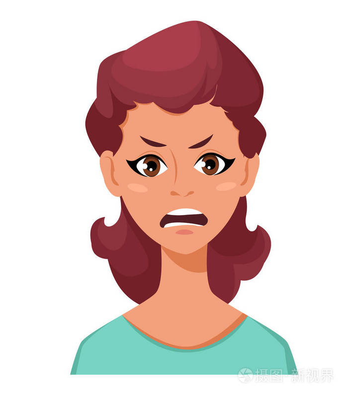 女人— — 愤怒的表情.女性的情感.有吸引力的卡通人物.