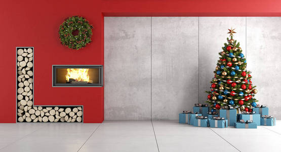 极简主义客厅的壁炉和圣诞树