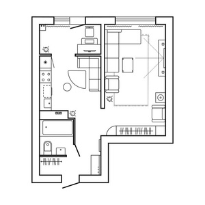 与家具的建筑计划。房屋平面图。厨房 起居室和浴室。细线图标设置。室内设计，顶视图。矢量