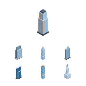 等距建设集的外部，住宅 塔和其他矢量对象。此外包括摩天大楼外墙 住宅的元素