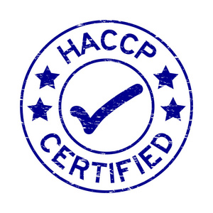 垃圾摇滚蓝 Haccp 危害分析关键控制点 认证在白色背景上的圆形橡皮戳。