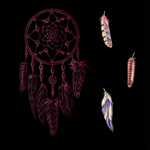 手绘华丽粉红色宿命与羽毛，孤立在黑色背景上的宝石。占星学 灵性 神奇的象征。民族部落的元素。矢量图