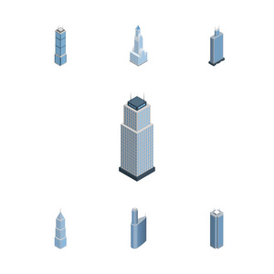 等距建设集的摩天大楼 外观 城市景观和其他矢量对象。此外包括栋摩天大楼，塔元素