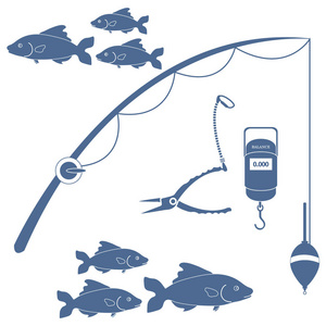 程式化的图标集的不同工具捕鱼和成群的 f