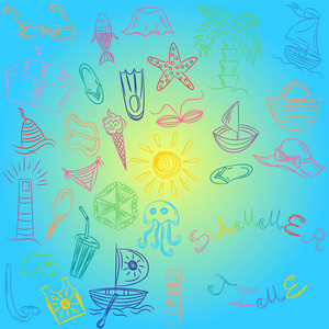 夏天的时间。夏季空缺的手绘图符号。五颜六色的涂鸦小船 冰激淋 手掌 帽子 伞 水母 鸡尾酒，太阳