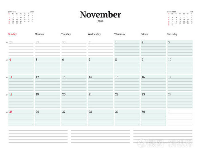 2018 年的矢量日历计划模板.11 月.文具设计.周从星期日开始.