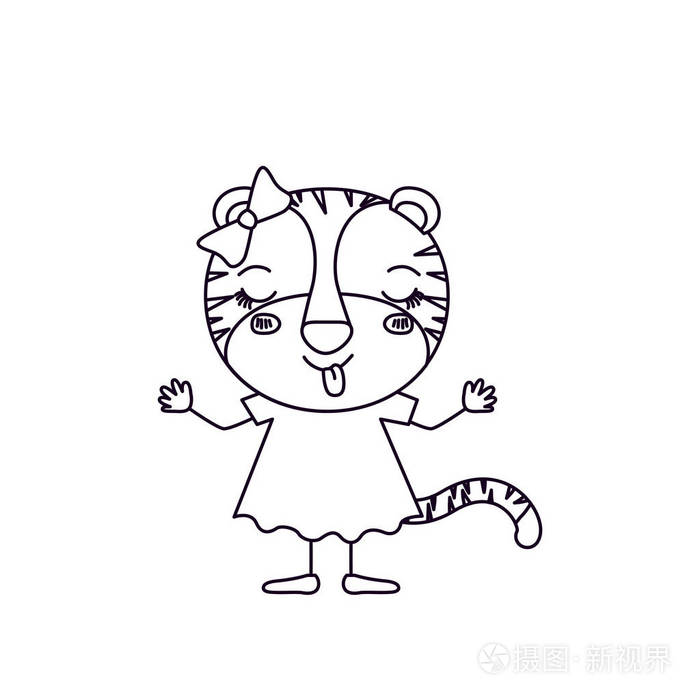 素描剪影漫画的女性虎妞穿着弓花边和眼睛闭合表达式的幸福