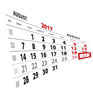 8 月 27 日在日历 2017年上突出显示。每周从星期一开始
