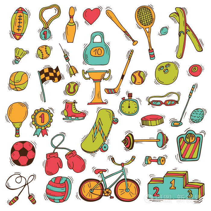 体育图标中的素描样式的设置.手绘运动器材