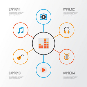 音频的平面图标设置。语气，扬声器，控制和其他元素的集合。此外包括音调 频率 注意符号