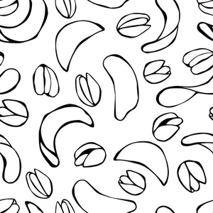 无缝式去壳阿月浑子坚果和炸土豆片。白色背景涂鸦卡通手绘素描矢量图上的孤立。快餐模式