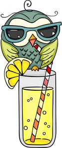 猫头鹰与喝新鲜柠檬水的太阳镜