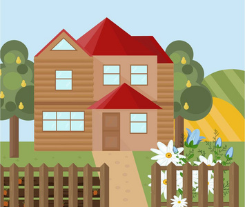 木头卡通门木头房子农场的风景.矢量立面平面样式照片