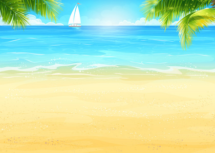 背景下的大海和白色的帆船图夏天海滩和棕榈树
