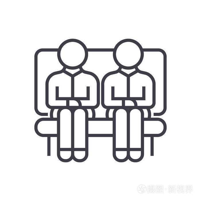 两名男子坐在沙发上的矢量线图标, 标志, 插图背景,可编辑笔触