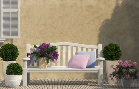 白色长凳和淡紫色的花