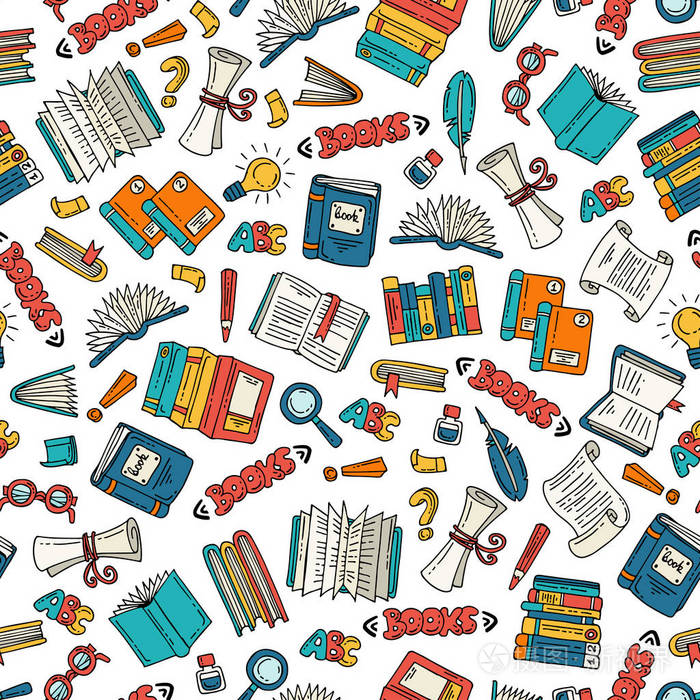 矢量无缝模式与孤立彩色手上白色的颜色绘制书籍为主题的教育模式