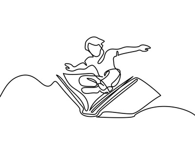 本书大纲图标小男孩拿着本书在天空中飞行照片