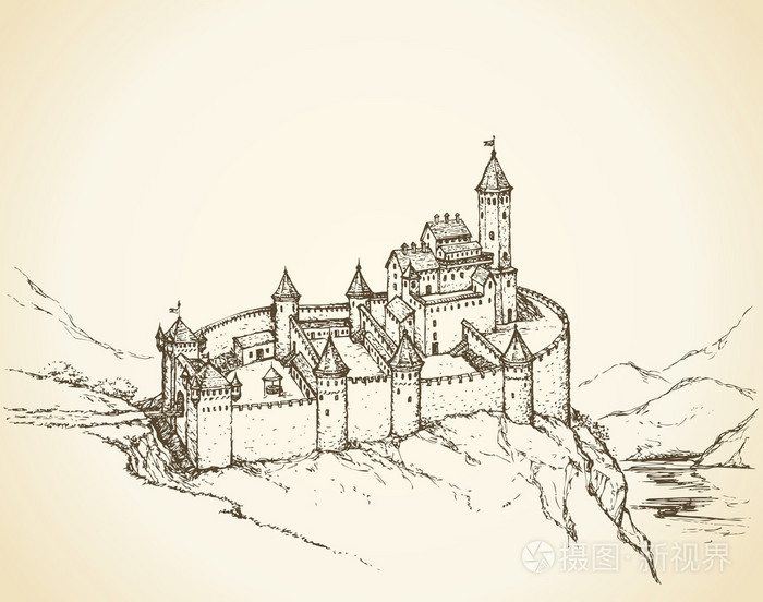 城堡罗马式风格.矢量绘图