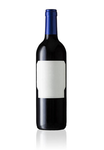 红葡萄酒瓶具有空白标签和蓝色上衣