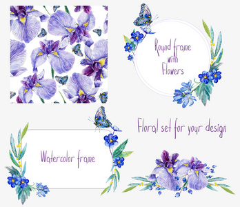 水彩花卉设置模板与虹膜为您的设计。