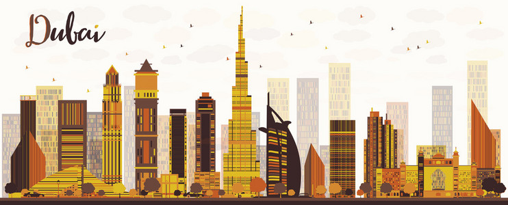 迪拜城市天际线与金色的摩天大楼