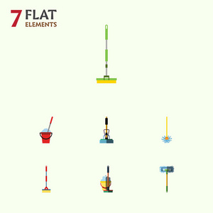 平面图标清洁套的扫把 扫帚 扫帚和其他矢量对象。此外包括清扫 清洁 扫帚元素
