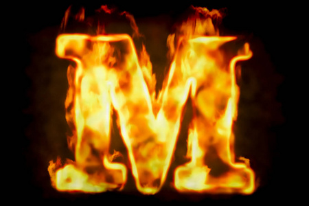 火燃烧的圣火，3d 渲染的字母 M