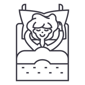 睡觉的女人在床上矢量线图标 标志 插图背景，可编辑笔触