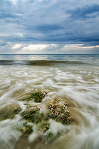 令人惊叹的日落时刻与软波打满了绿色的海藻，在海滩上的石头
