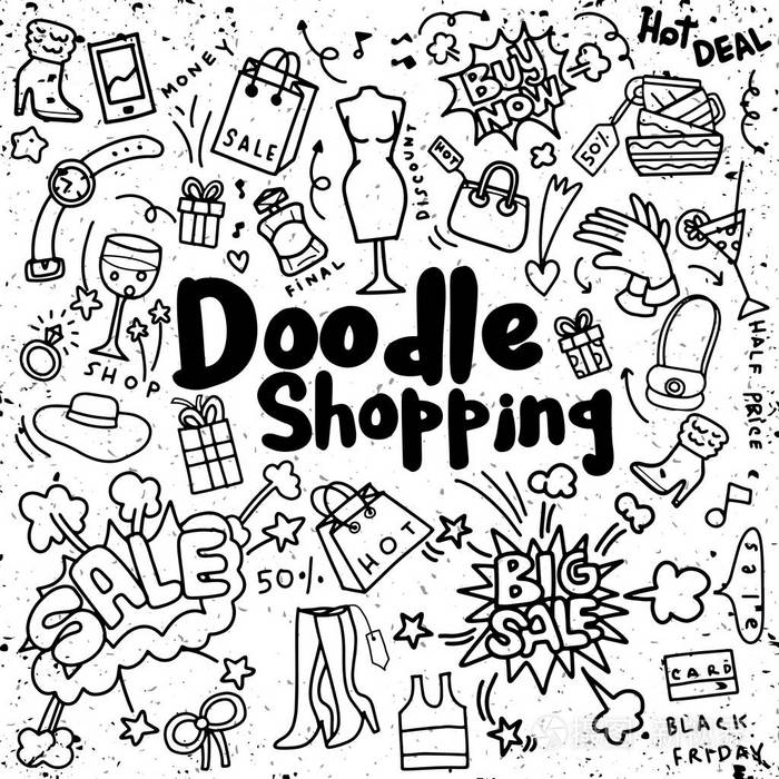 手绘图购物时尚, 涂鸦风格矢量图