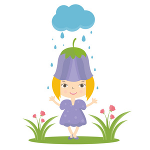 快乐的小女孩,在小花帽的插图.矢量照片